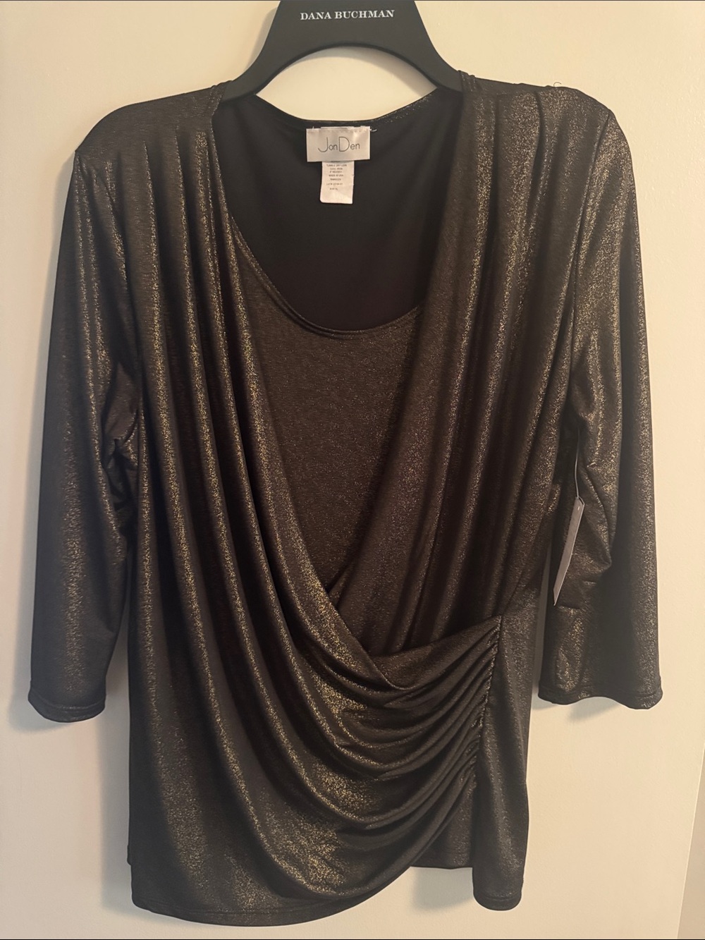 Jon Dey Metallic Black Draped Wrap-Front Women's Blouse